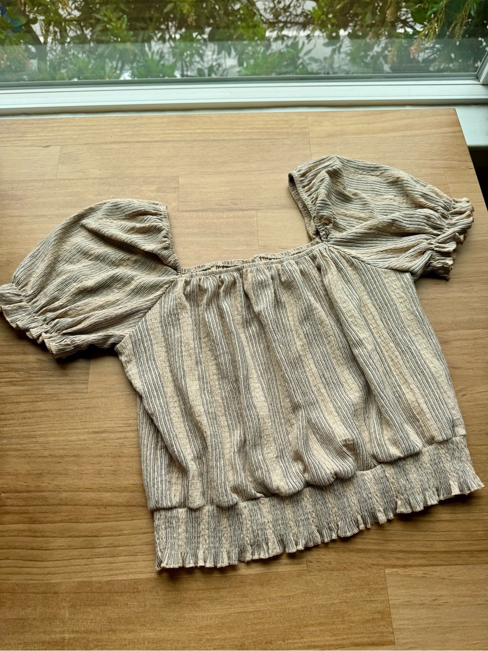 H&M Beige Striped Puff Sleeve Peasant Top - Feminine Nature Tones